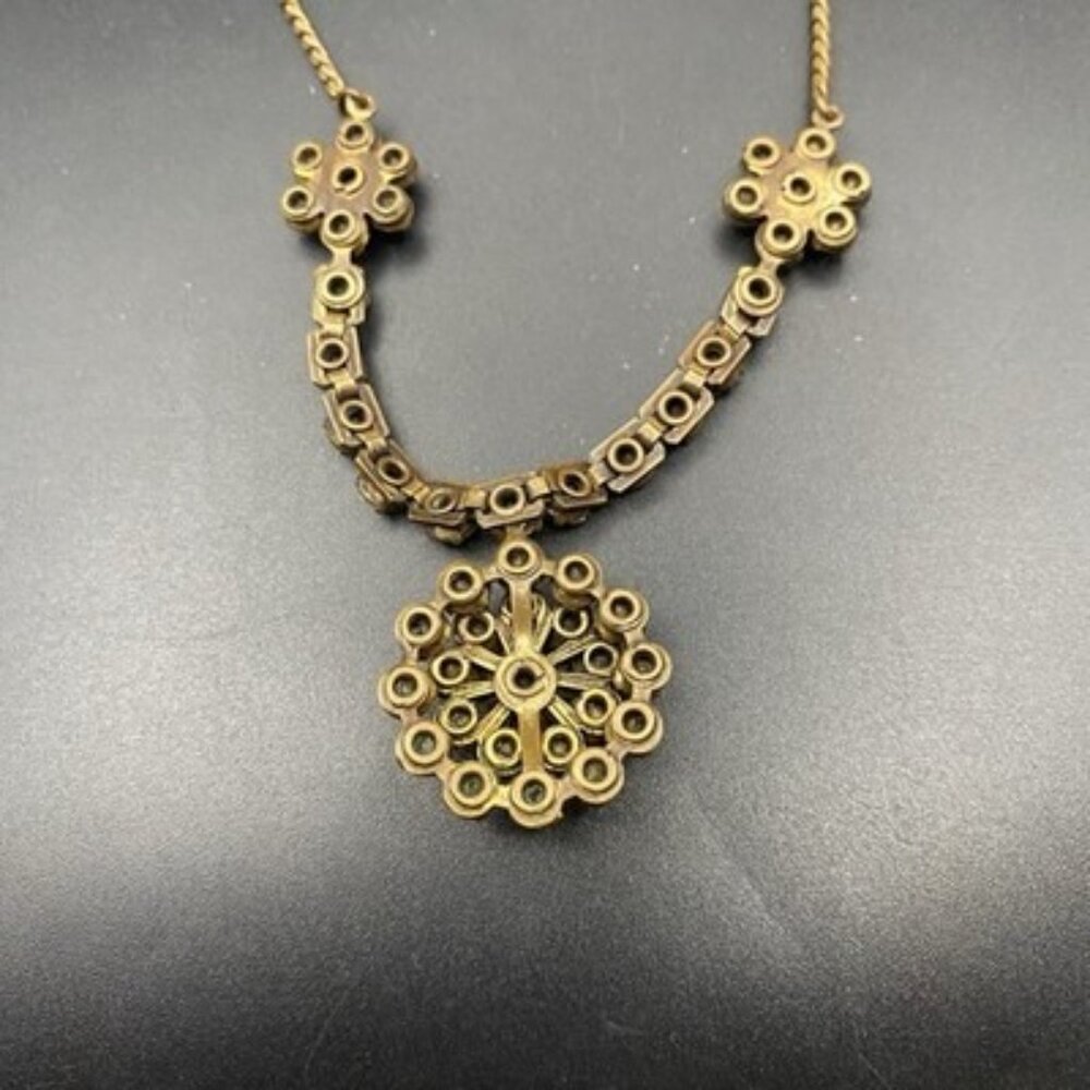 Vtg 1940s Rhinestone Necklace Dark Pink Clear Floral Brass UV Glow Stones 16.5" - Picture 8 of 10